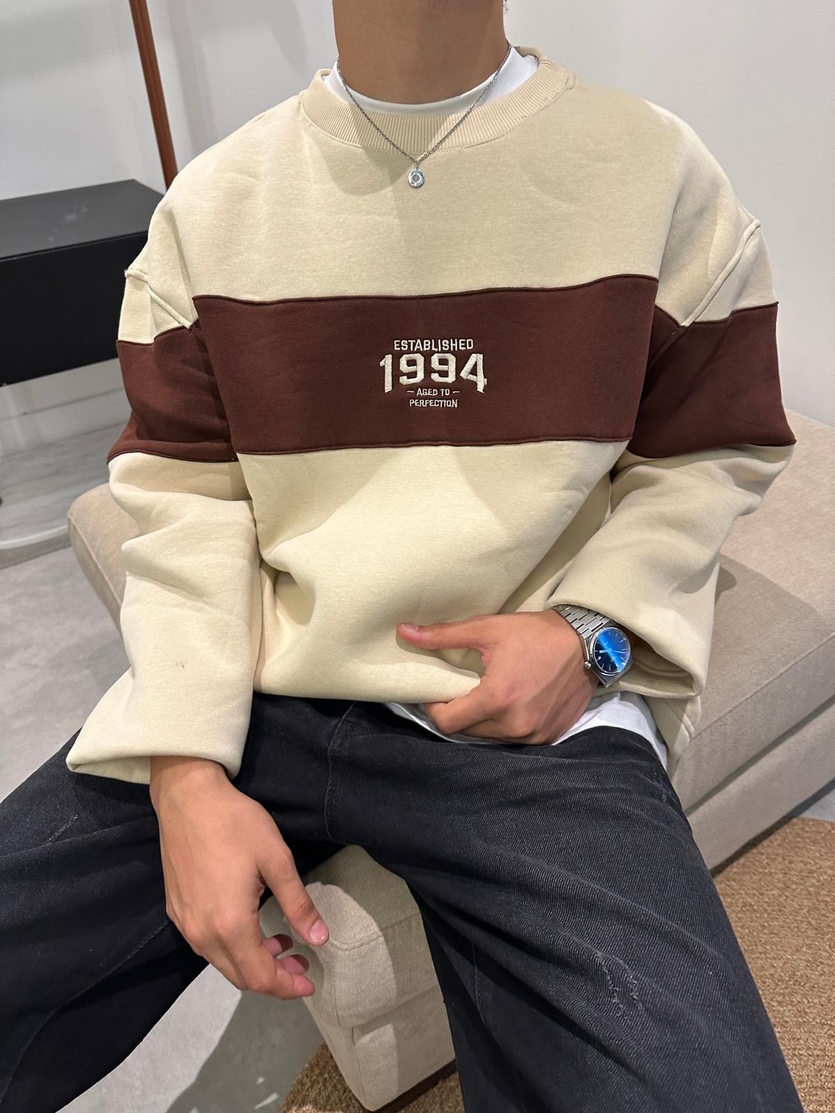 1994 Parçalı Oversize Bej Sweatshirt