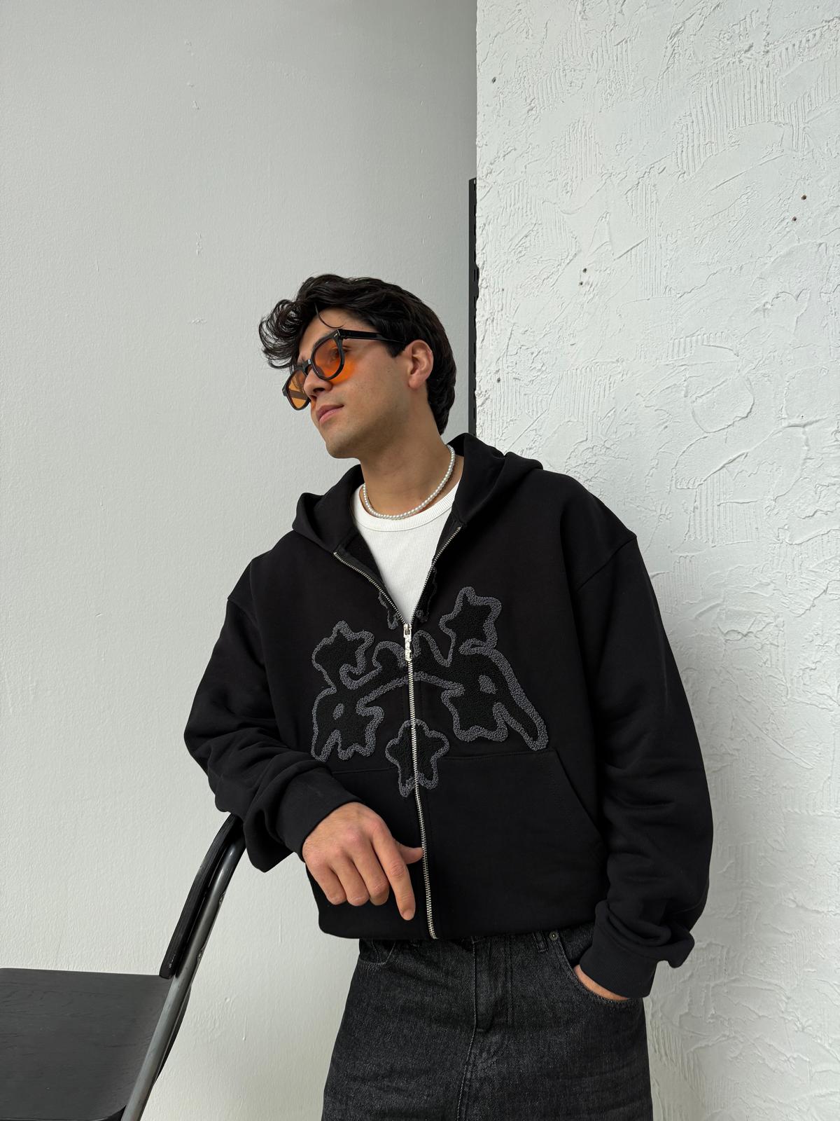 Arabic Detail Siyah Diyagonel Zip