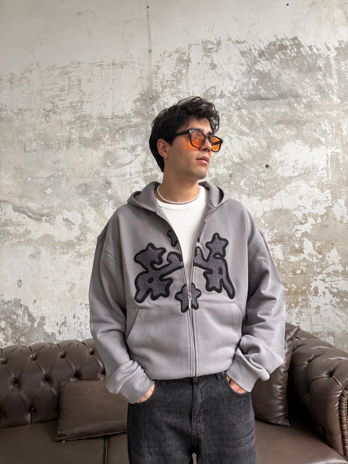 Arabic Detail Gri Diyagonel Zip