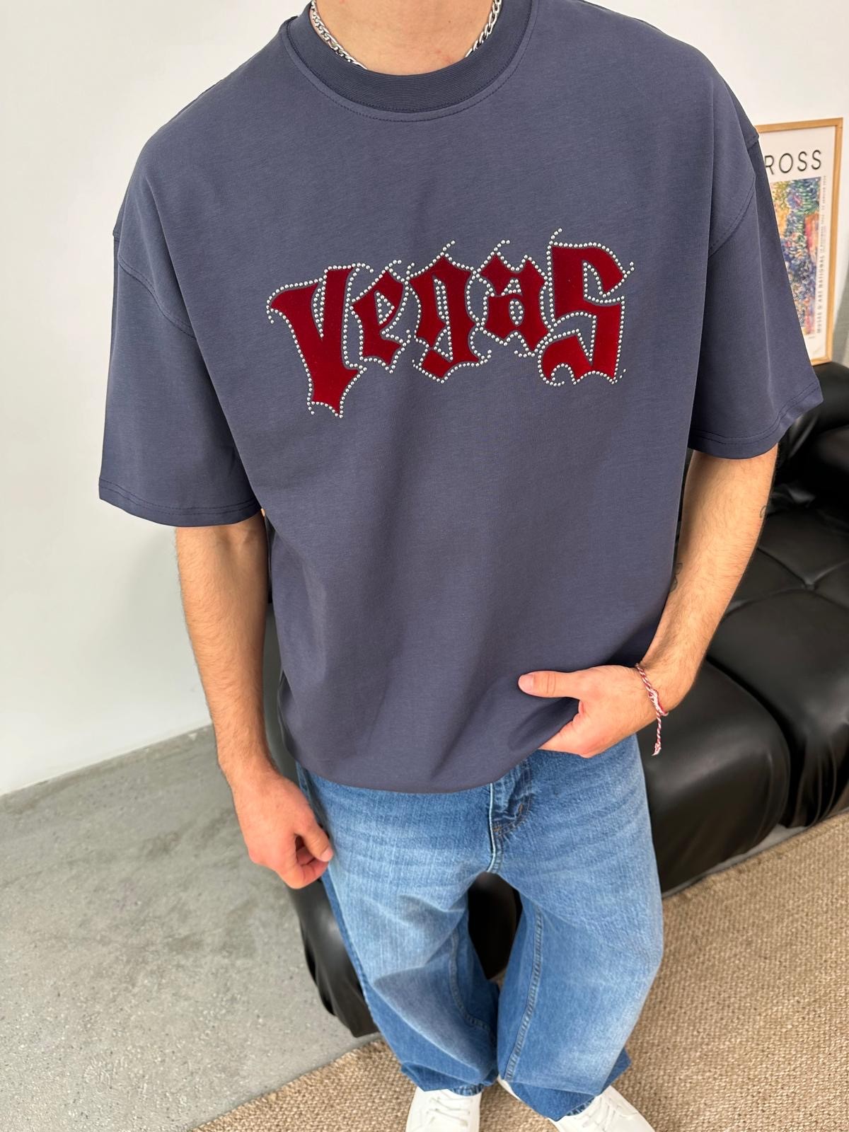 Vegas Taş Detaylı Füme T-Shirt