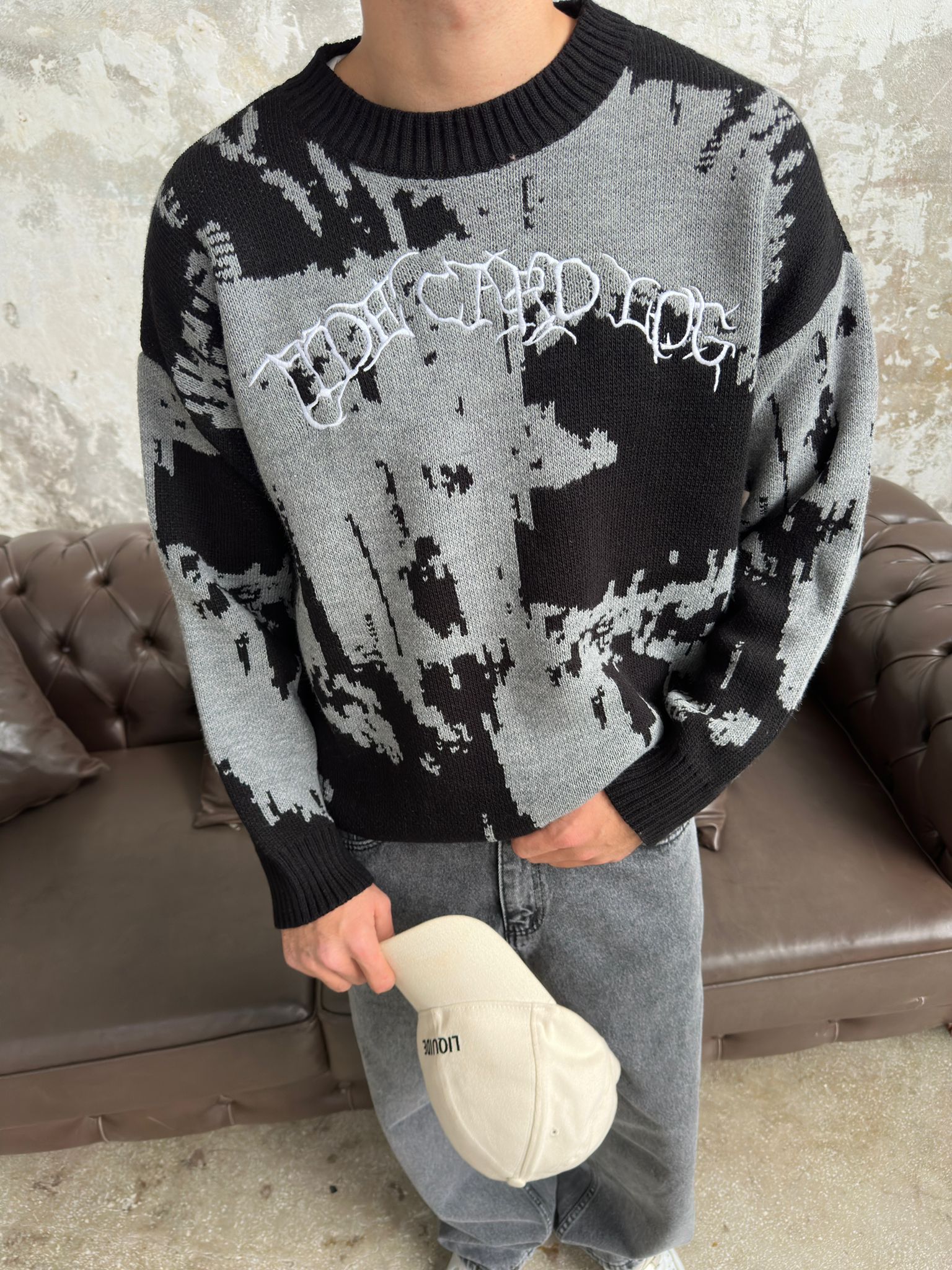 Efekt Nakışlı Gri Oversize Triko