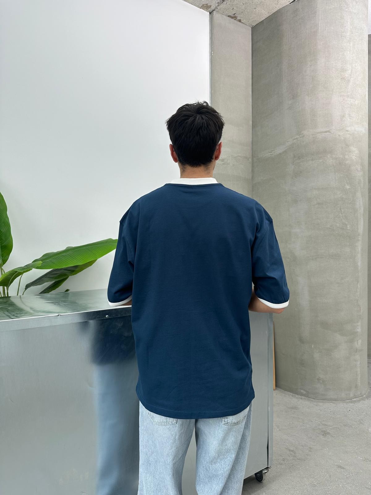 Sunset Valley Baskılı Kol Detay Oversize Lacivert T-Shirt 