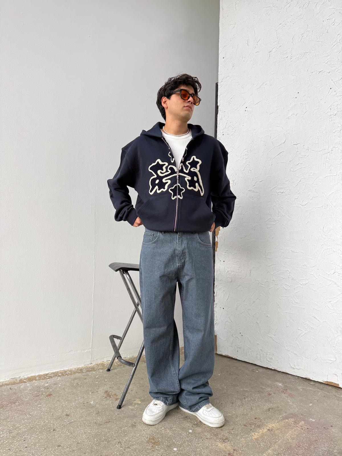 Arabic Detail Lacivert Diyagonel Zip