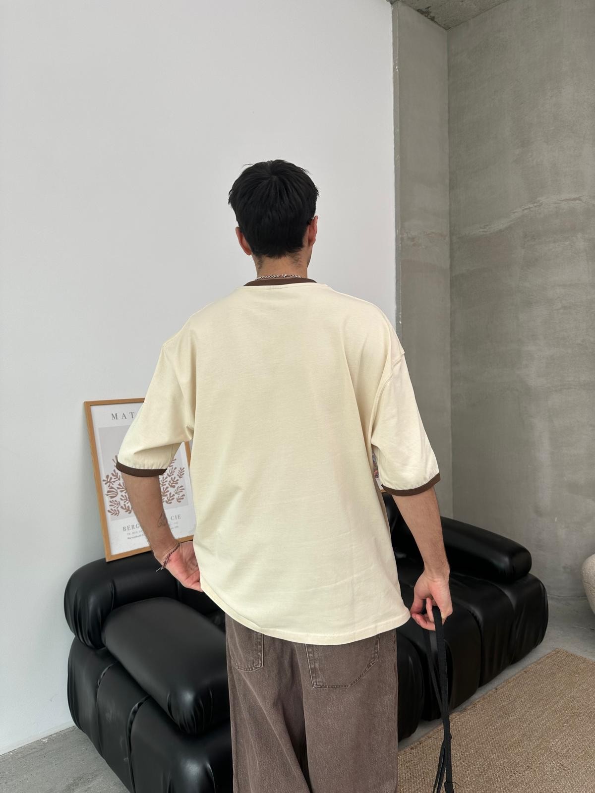 Sunset Valley Baskılı Kol Detay Oversize Bej T-Shirt 