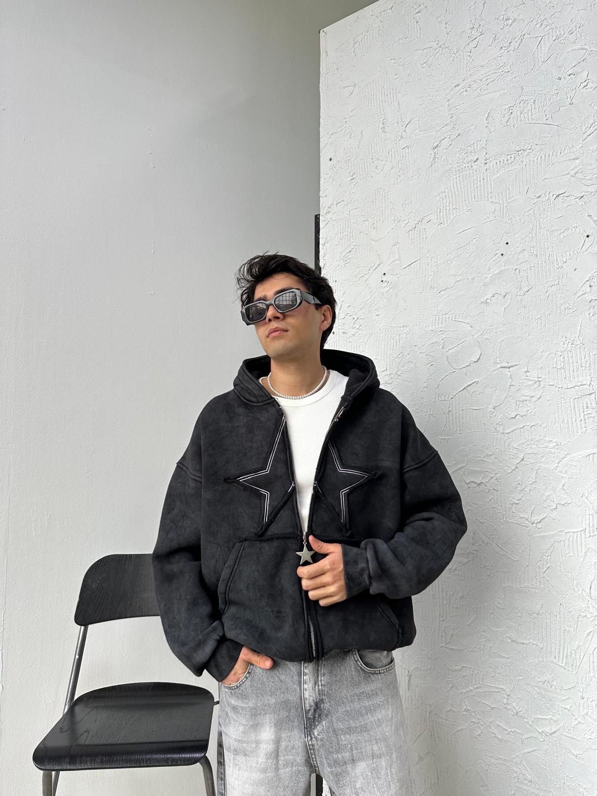 Star Washed Siyah Zip Hoodie