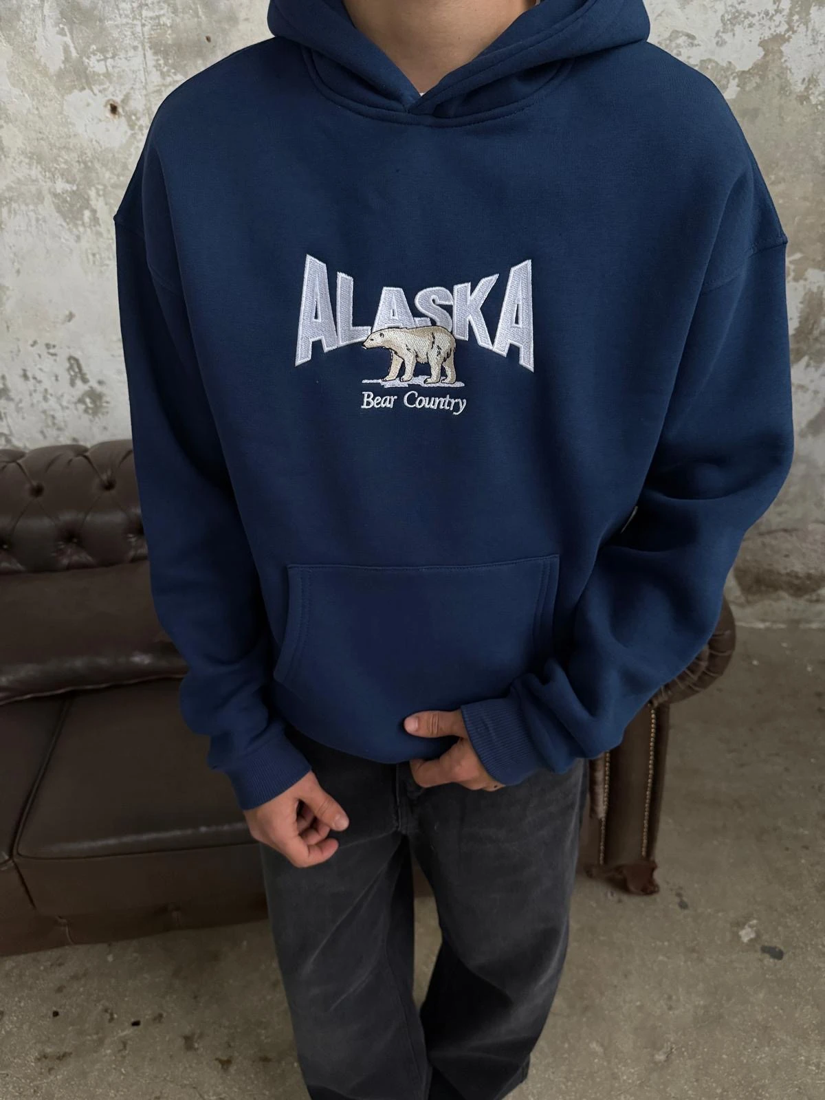 Alaska Nakışlı Lacivert Oversize Hoodie