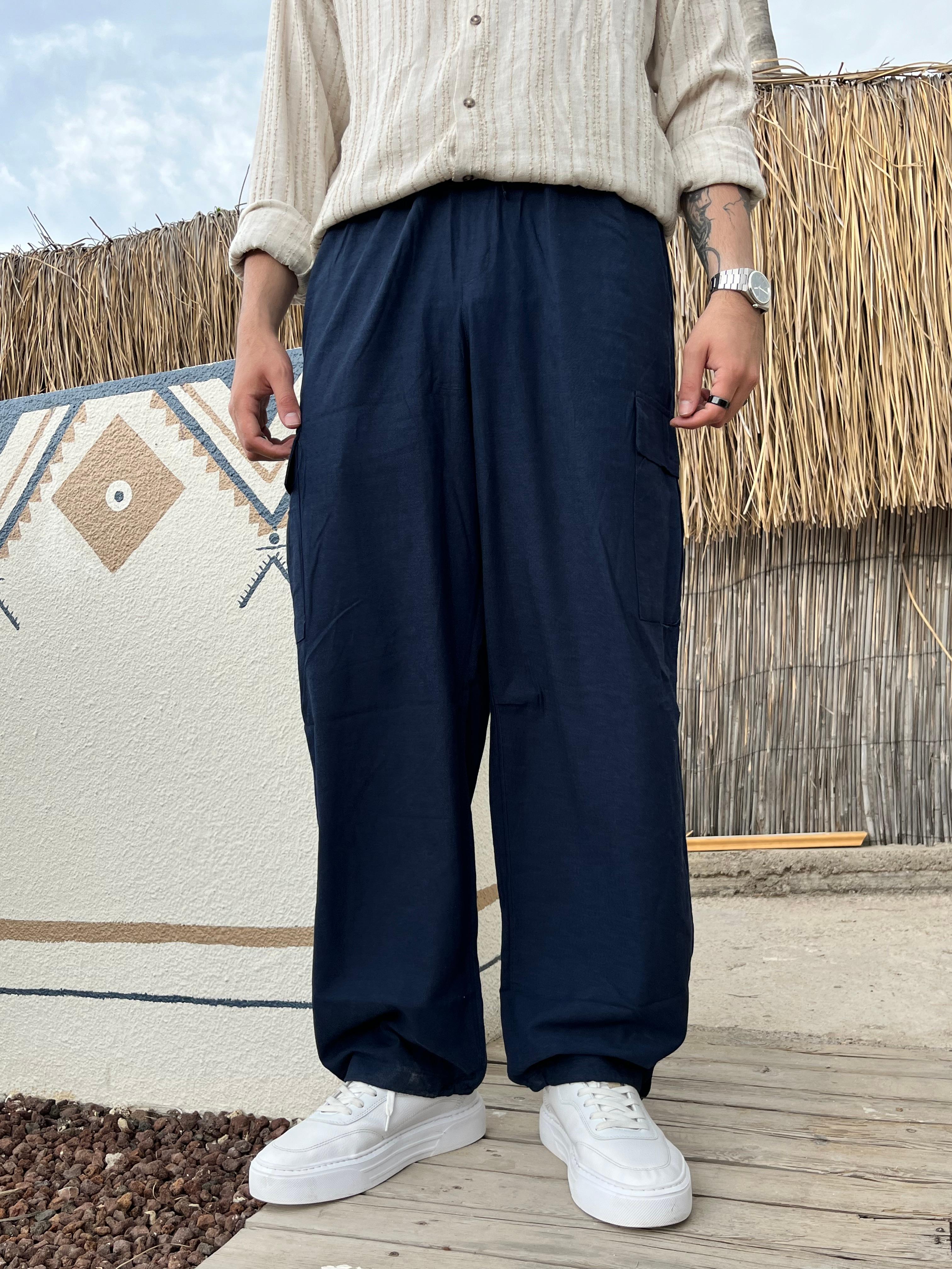 Linen Collection Cargo Cepli Lacivert Keten Pantalon