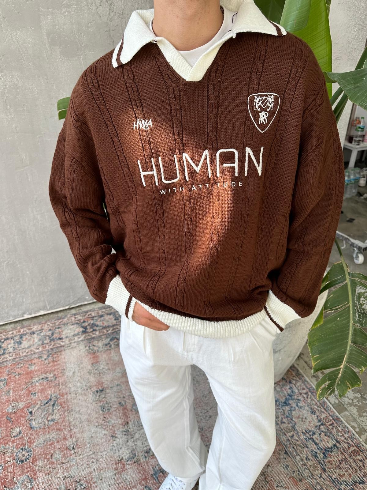 Human Nakışlı Brown Polo Yaka Triko