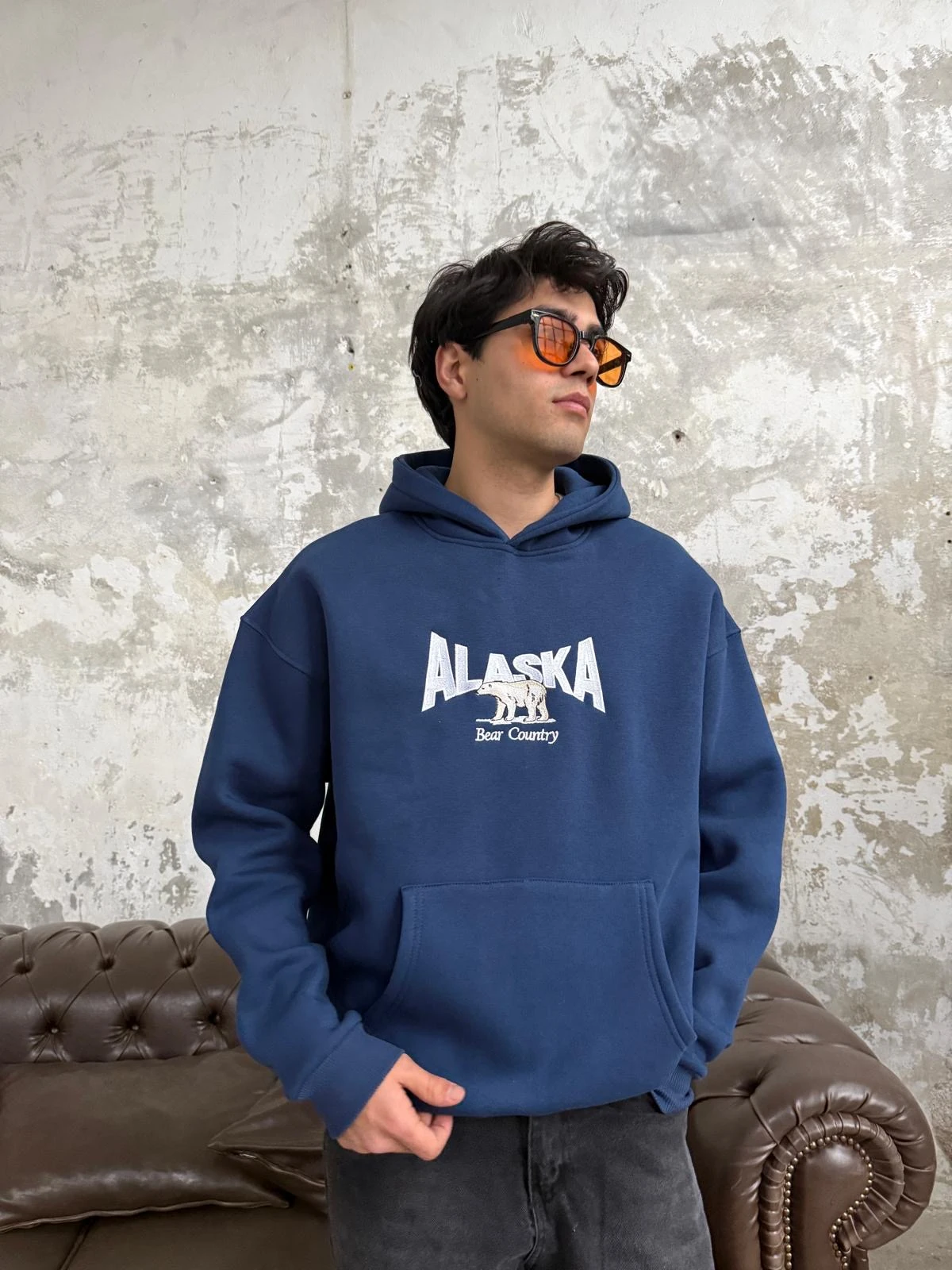 Alaska Nakışlı Lacivert Oversize Hoodie