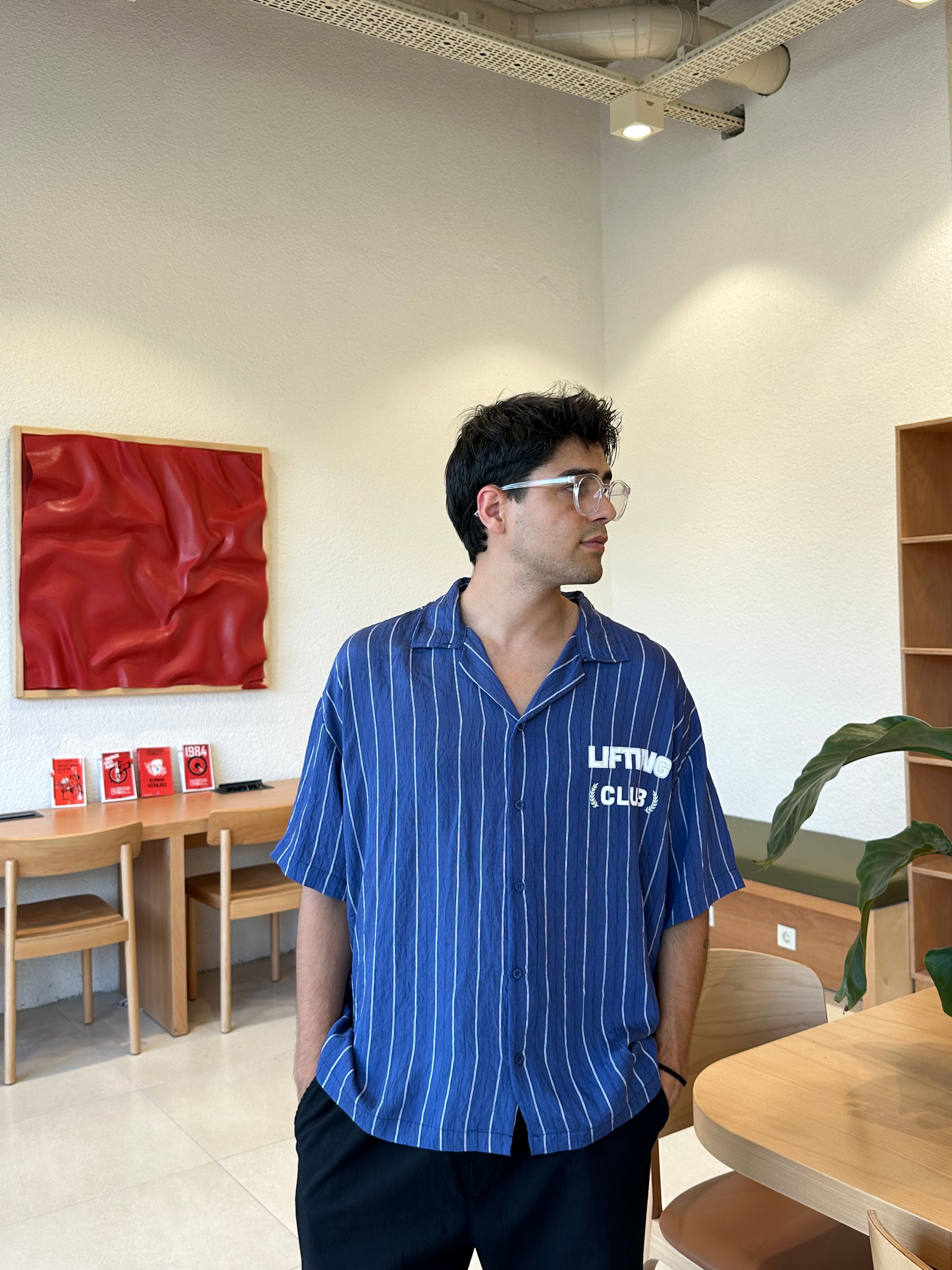 Lıftıng Club Çizgili Mavi Oversize Gömlek