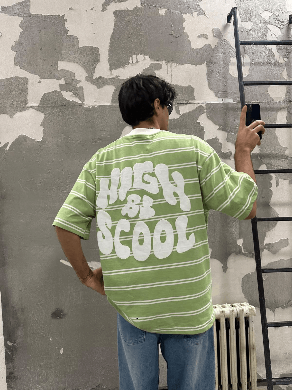 High By Scool Print Yeşil Çizgili T-shirt