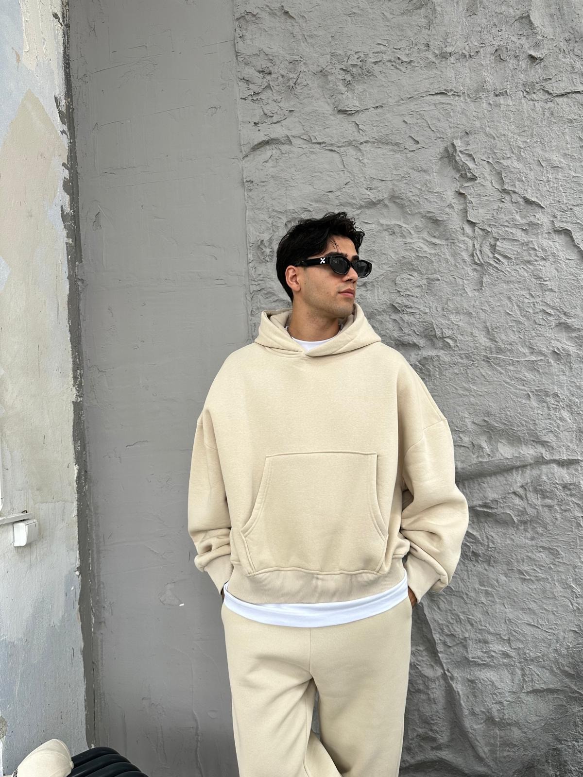 Bej Oversize Basic Hoodie