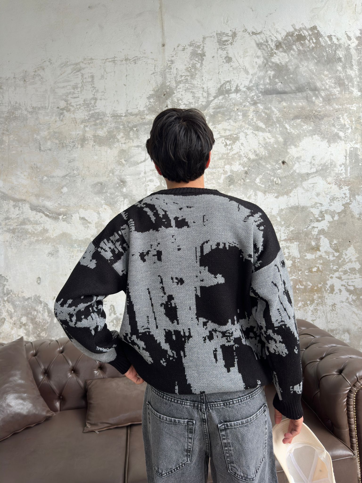 Efekt Nakışlı Gri Oversize Triko