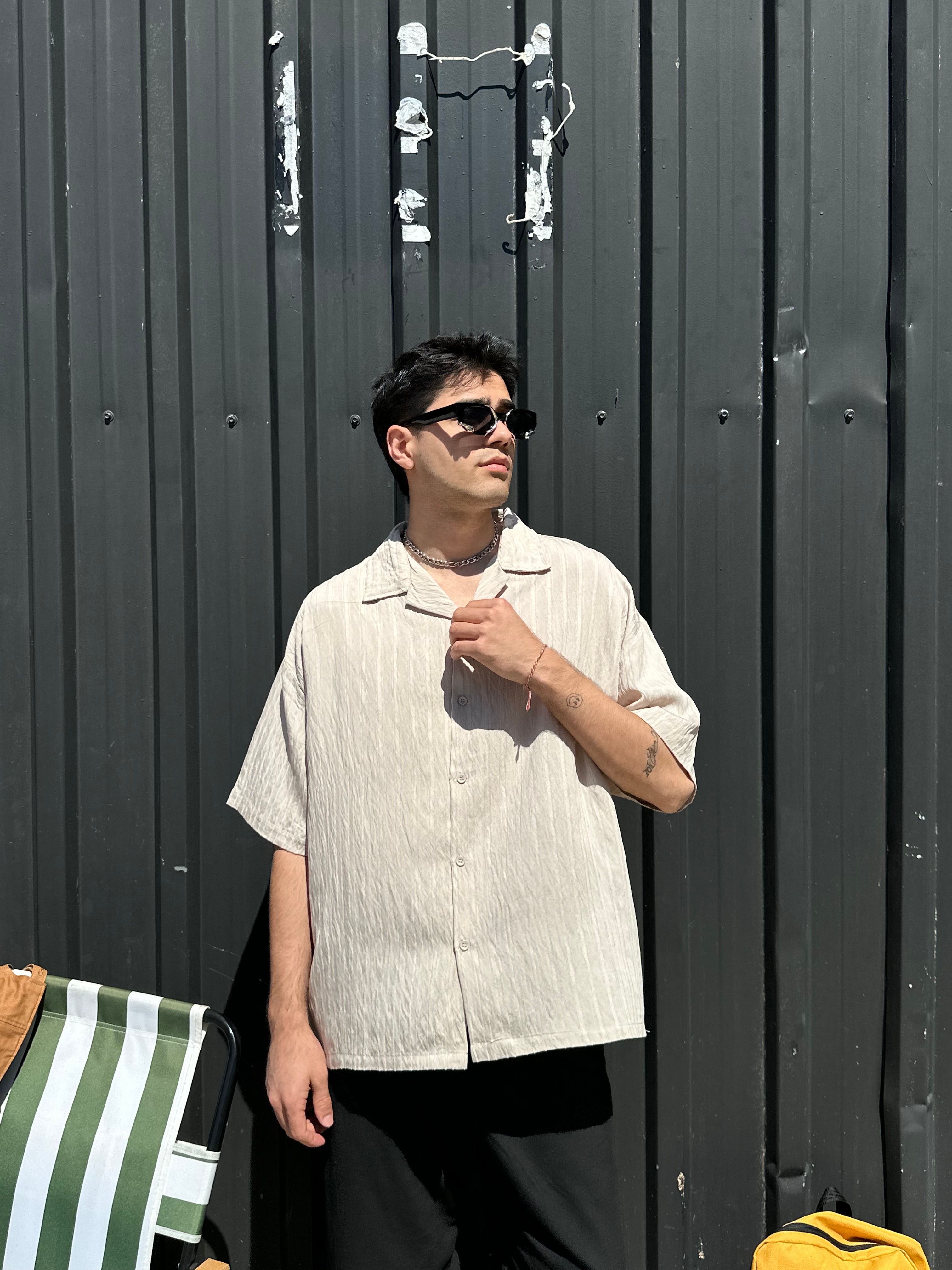 Sand Bej Şeritli Oversize Gömlek