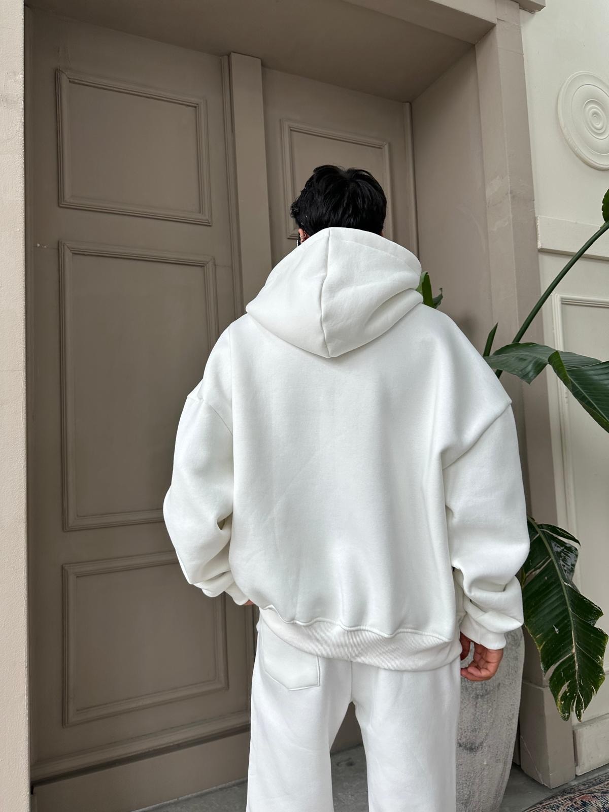 Ekru Oversize Basic Zip Hoodie