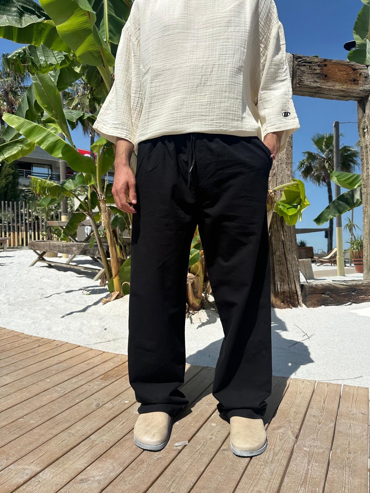 Siyah Sand Vibes Keten Pantolon 