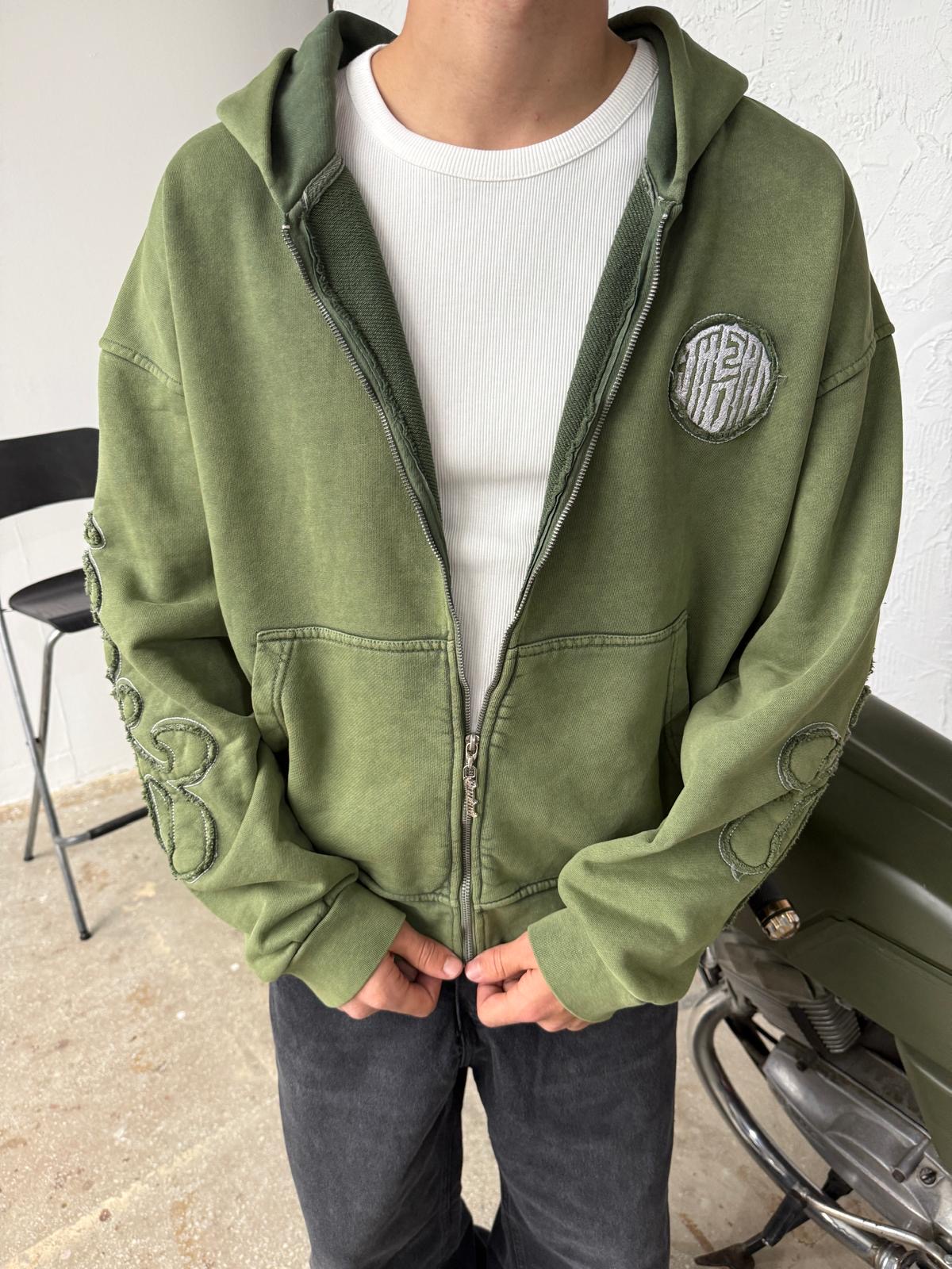 Kol Patch Detay Washed Green Diyagonel Zip Hoodie