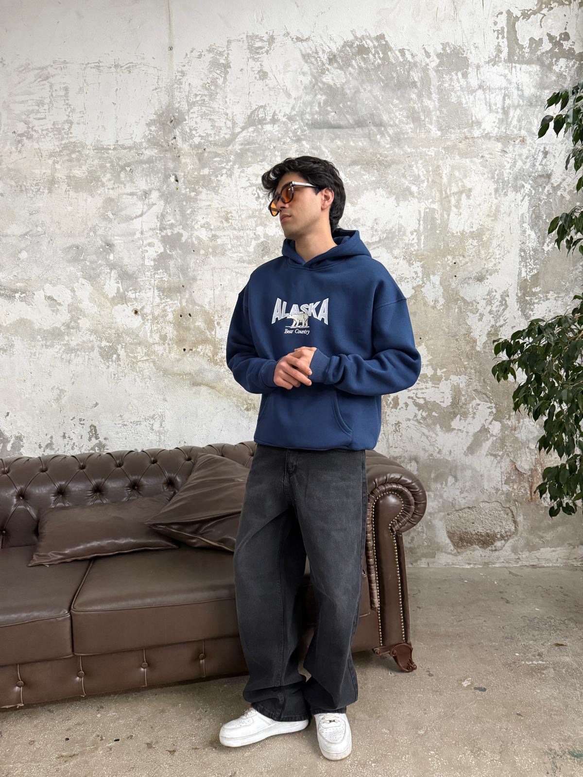 Alaska Nakışlı Lacivert Oversize Hoodie