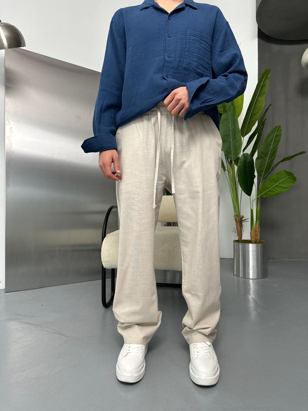 Znc Beyaz Keten Baggy Pantolon