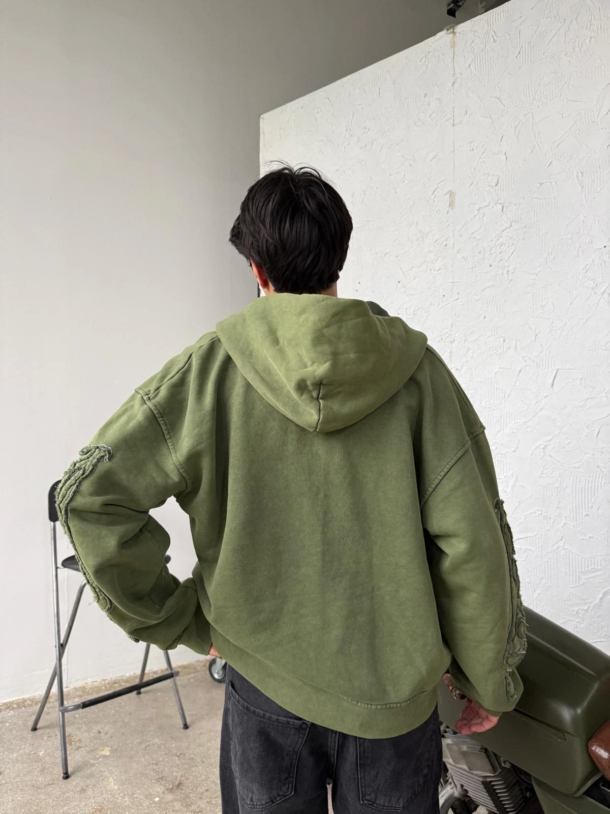 Kol Patch Detay Washed Green Diyagonel Zip Hoodie