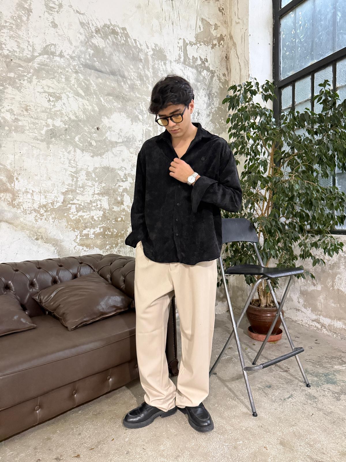 Kadife Siyah Oversize Gömlek