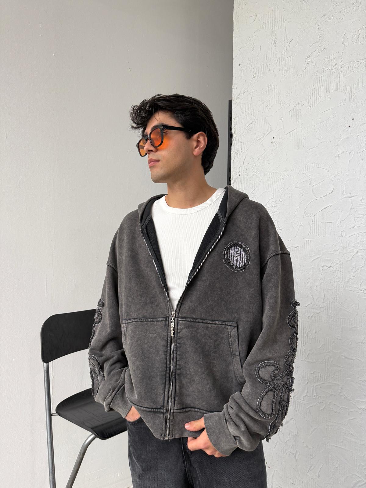 Kol Patch Detay Washed Black Diyagonel Zip Hoodie