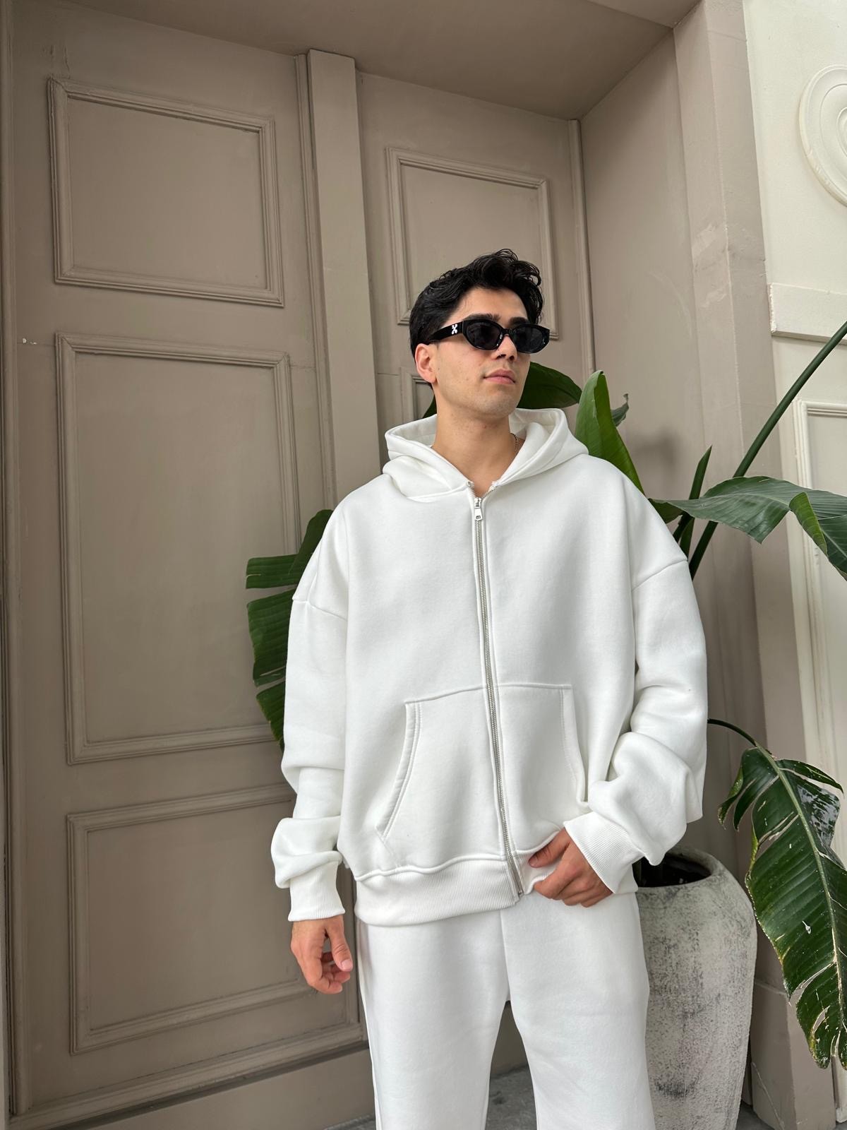 Ekru Oversize Basic Zip Hoodie