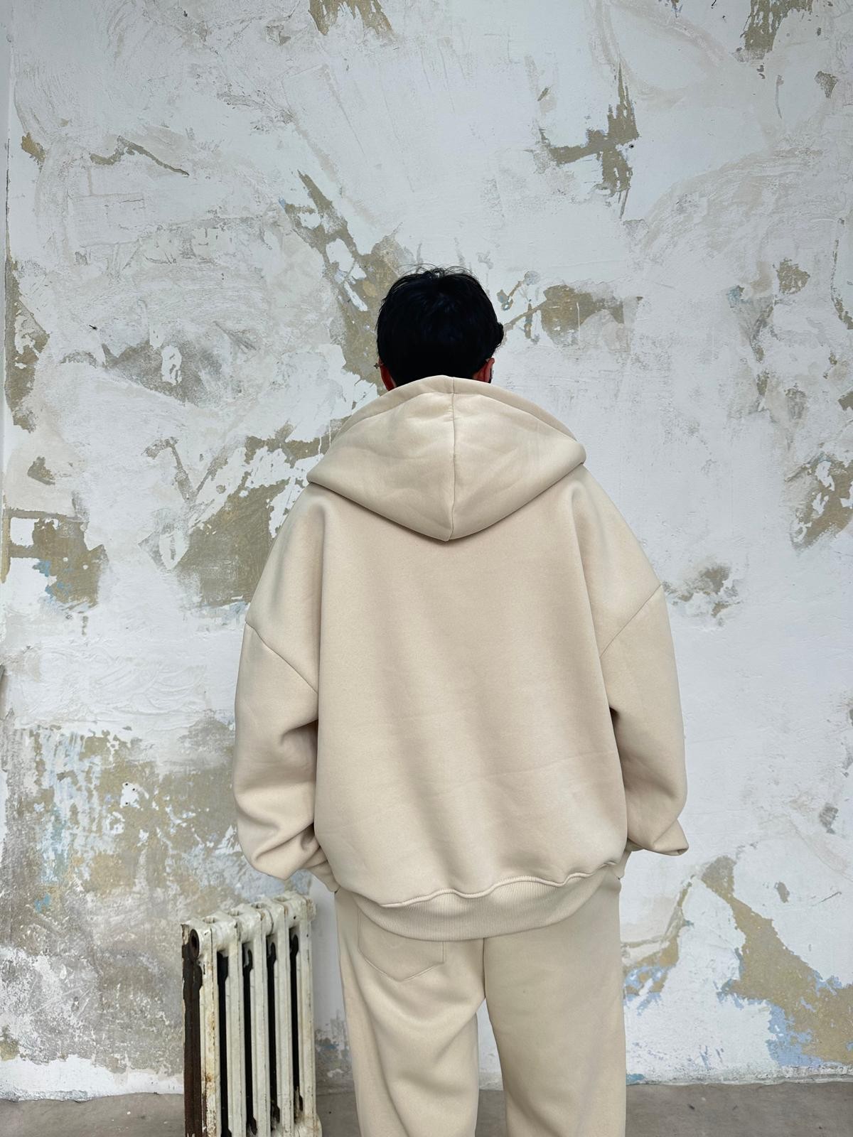 Bej Oversize Basic Zip Hoodie