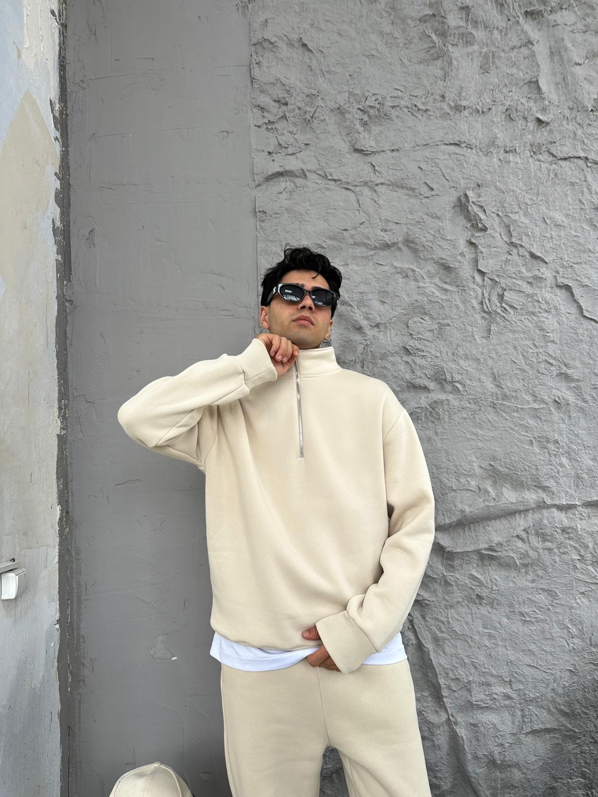 Bej Oversize Basic Half-Zip