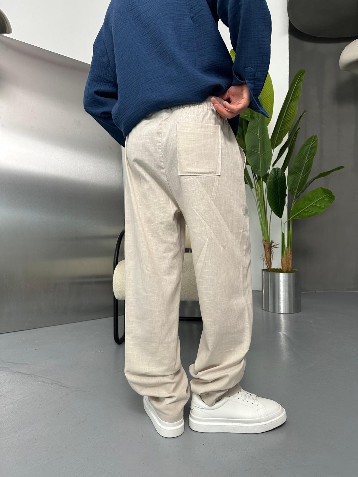 Znc Beyaz Keten Baggy Pantolon