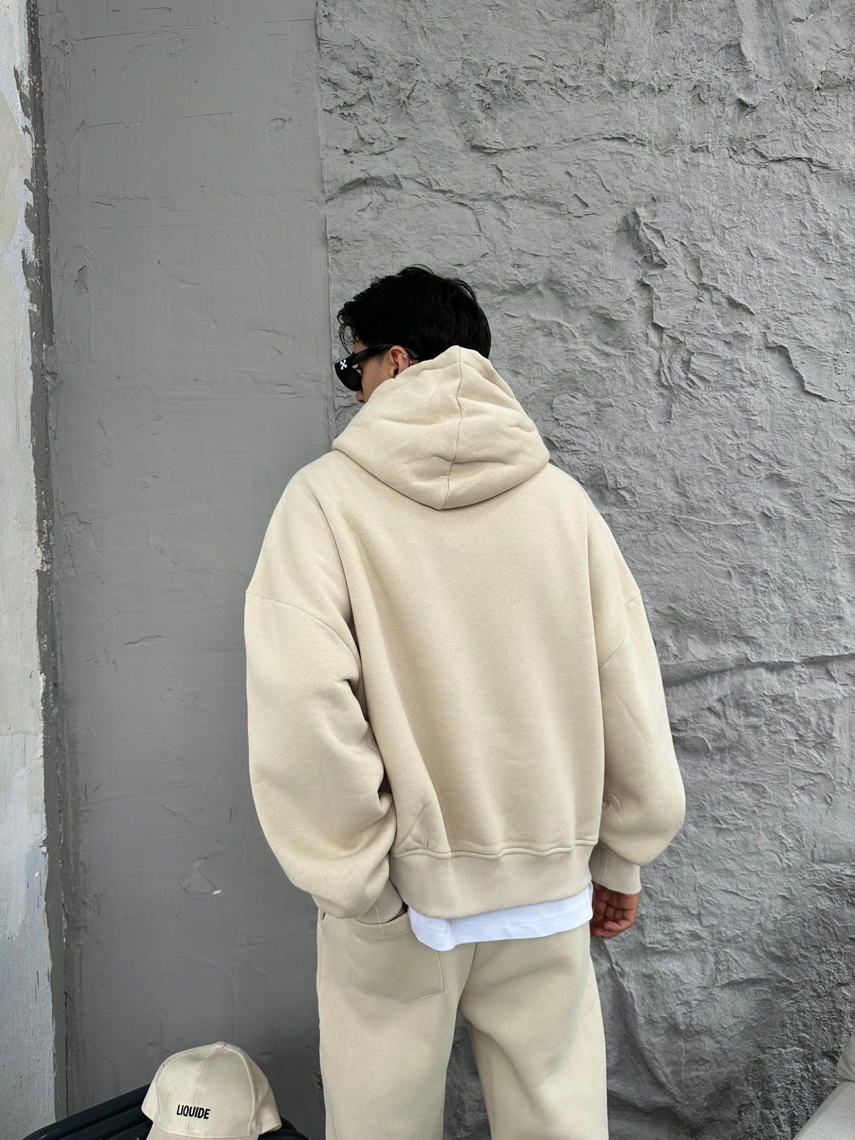 Bej Oversize Basic Hoodie