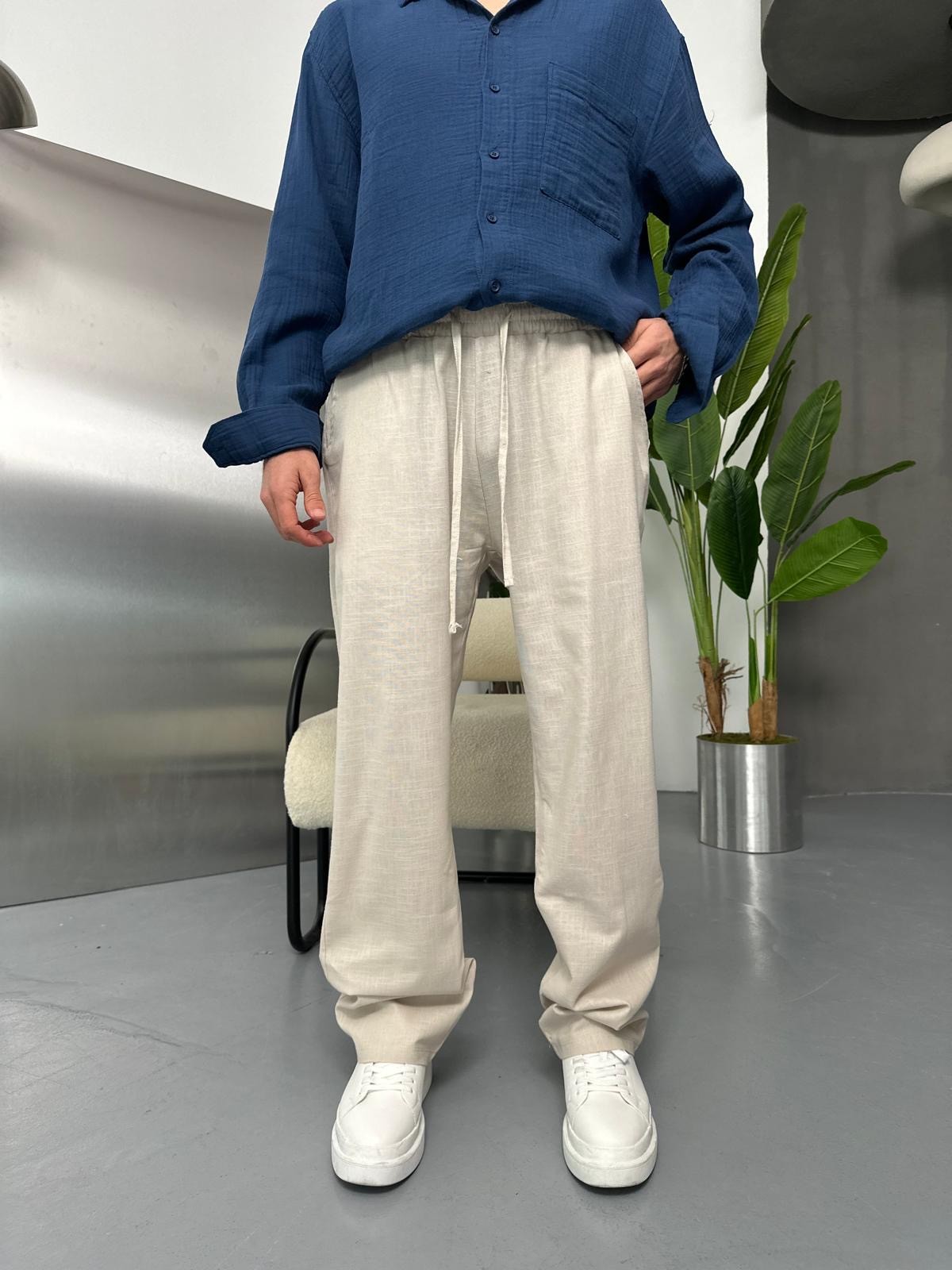 Znc Beyaz Keten Baggy Pantolon