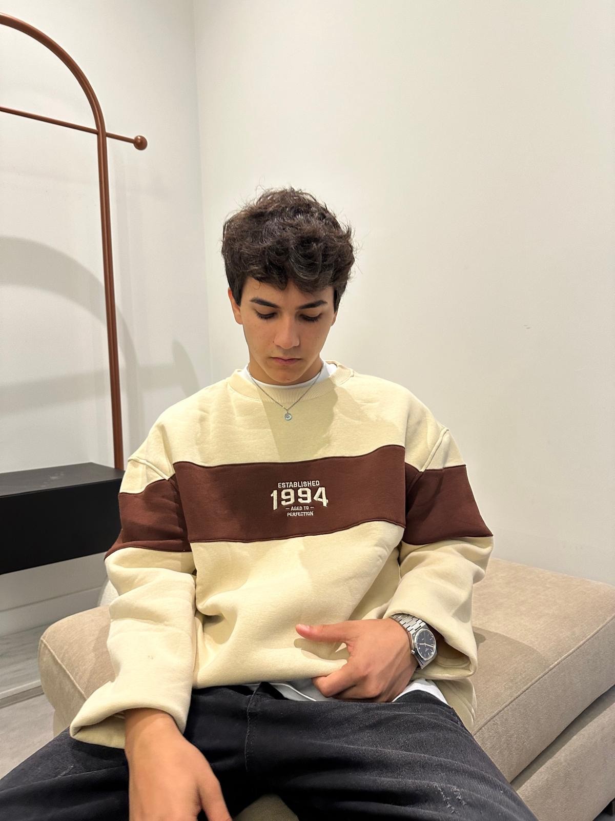 1994 Parçalı Oversize Bej Sweatshirt