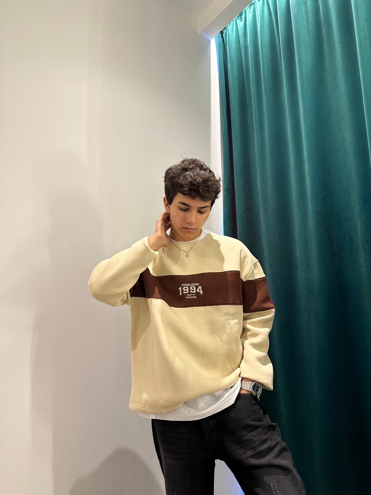 1994 Parçalı Oversize Bej Sweatshirt