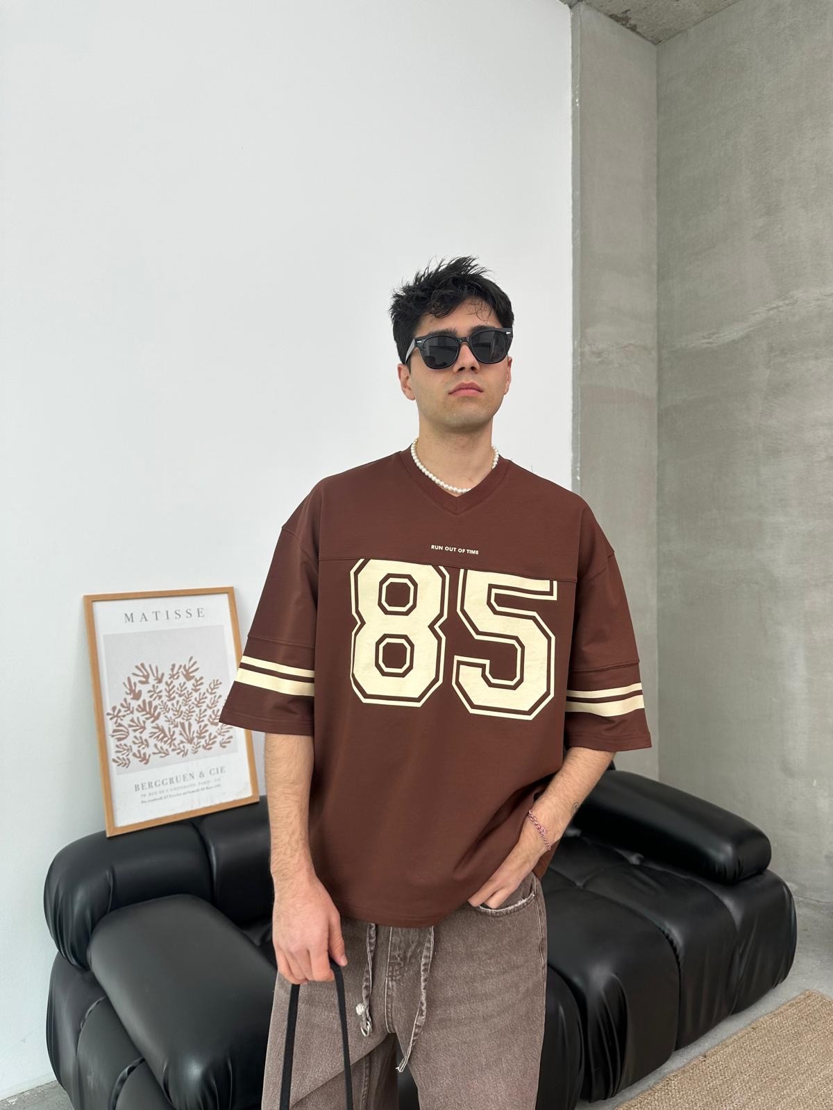 Run Of 85 Baskılı Oversize Kahve T-Shirt