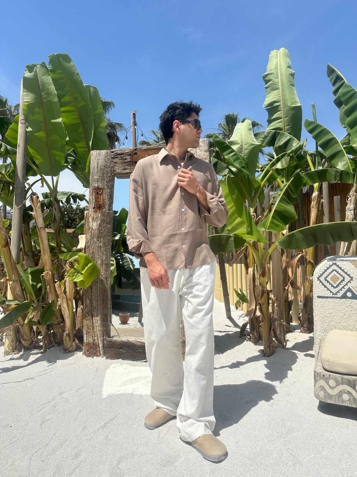 Kahve Sand Vibes Keten Gömlek