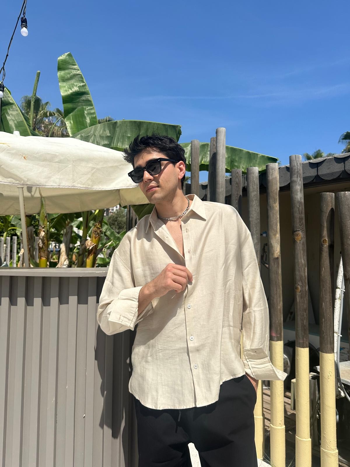 Bej Rengi Sand Vibes Keten Gömlek