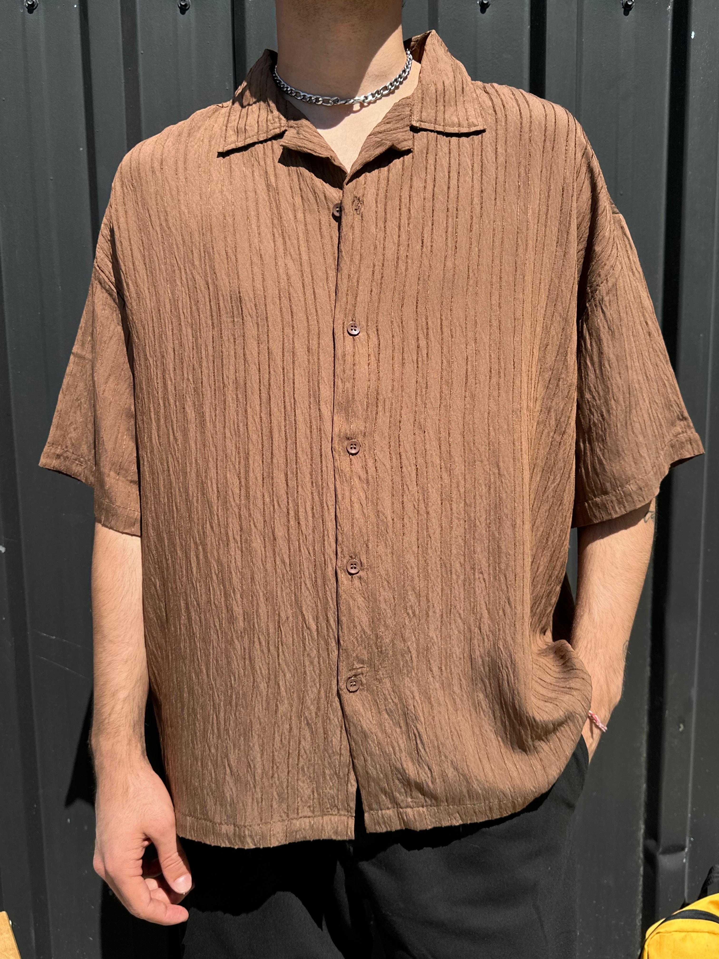 Sand Kahve Şeritli Oversize Gömlek