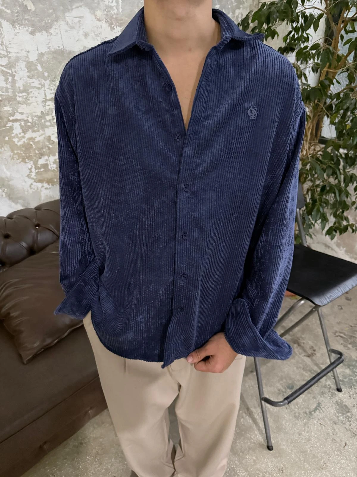 Kadife Lacivert Oversize Gömlek