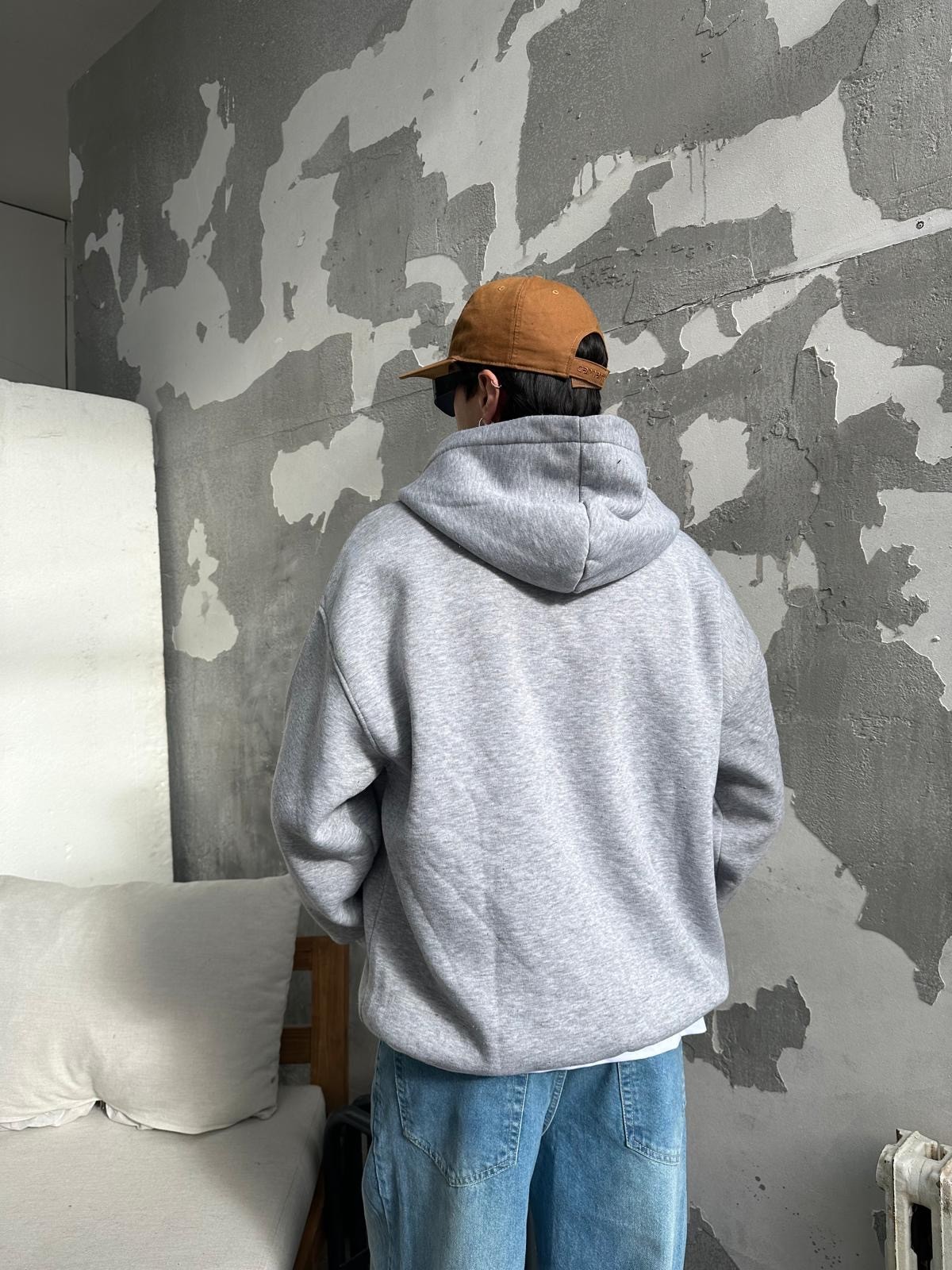 Strong Nakışlı Gri Oversize Zip-Hoodie