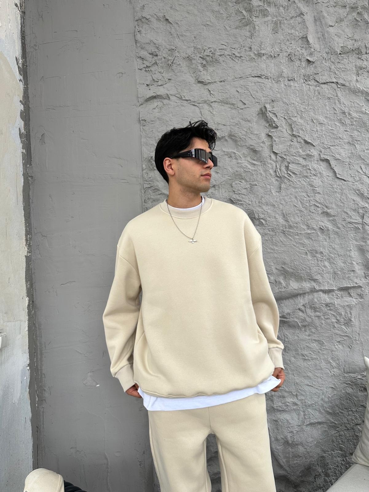 Bej Oversize Basic Sweatshirt