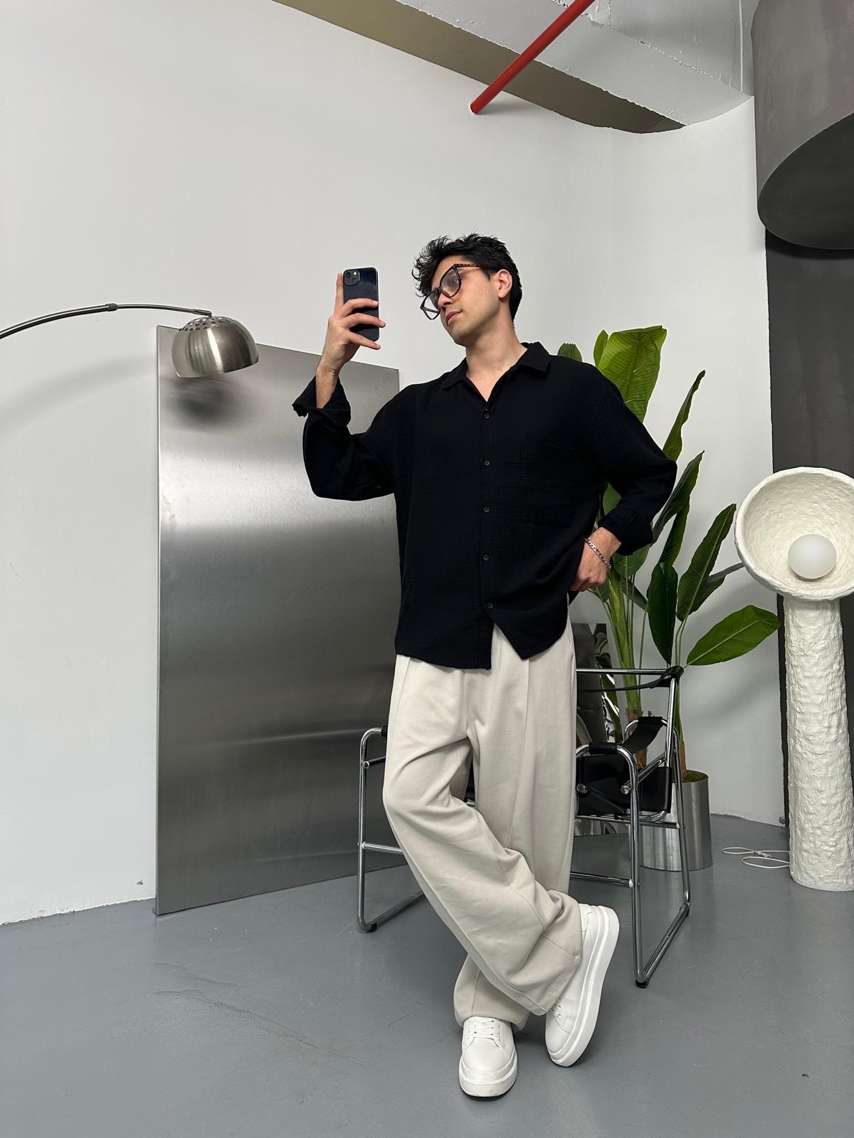 Cepli Müslim Oversize Siyah Gömlek