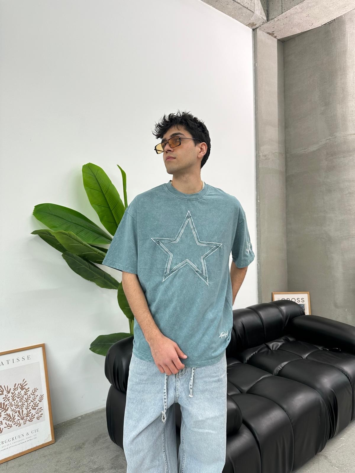 Star Detail Yeşil Oversize T-Shirt