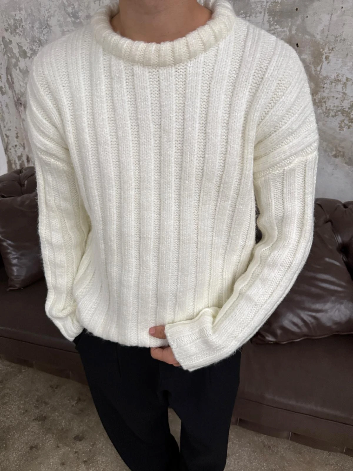 Fitilli Kalın Beyaz Triko