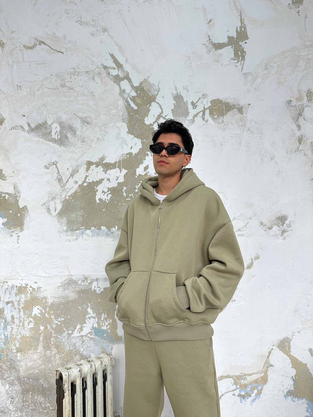 Küf Yeşili Oversize Basic Zip Hoodie