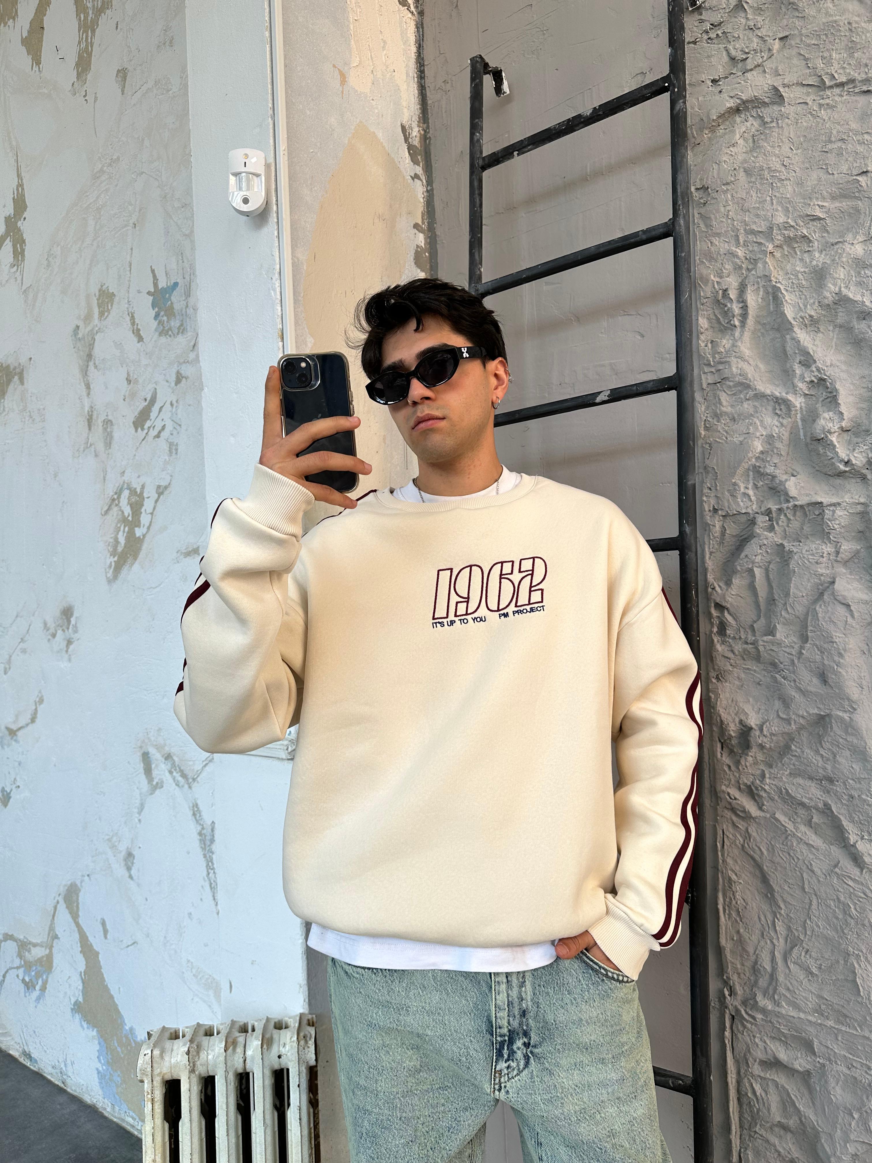 1962 Çizgili Bej Oversize Sweatshirt