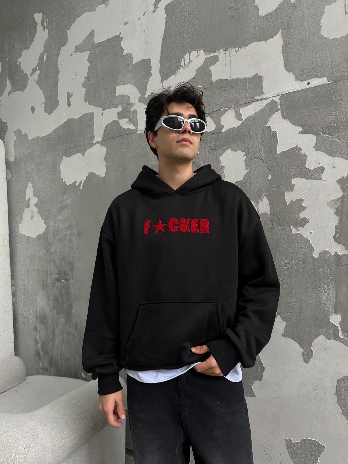 Fucker Nakışlı Black Hoodie