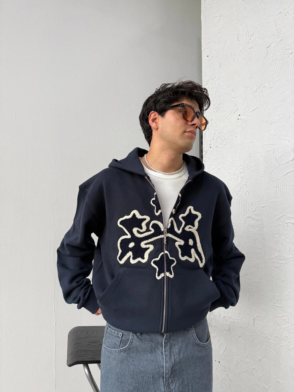 Arabic Detail Lacivert Diyagonel Zip