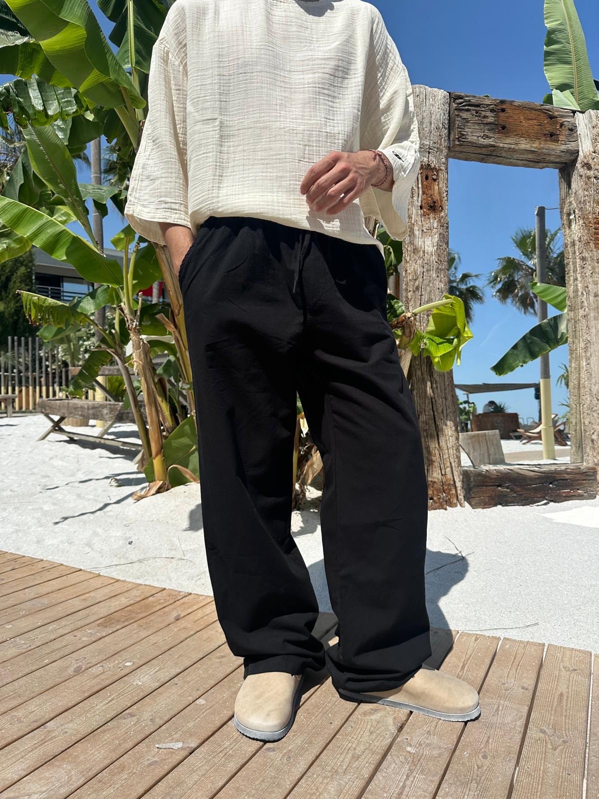 Siyah Sand Vibes Keten Pantolon 