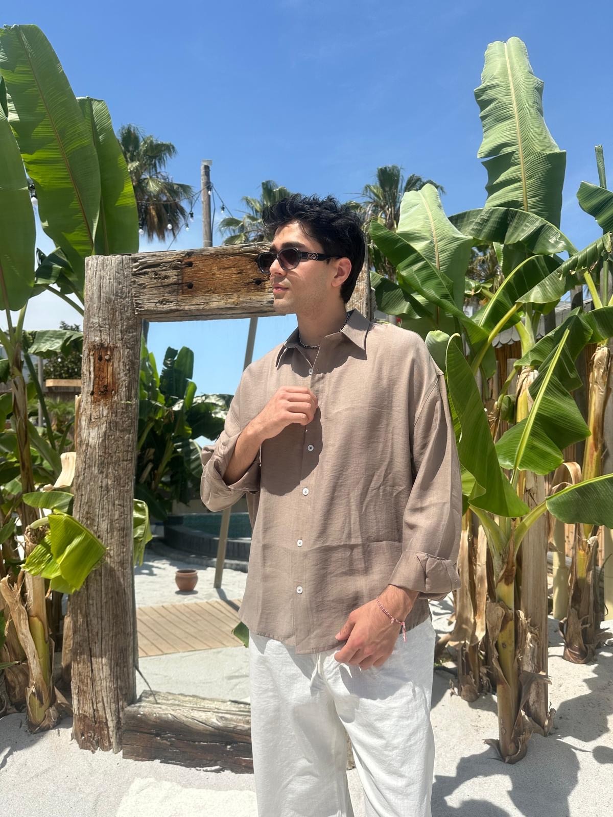 Kahve Sand Vibes Keten Gömlek